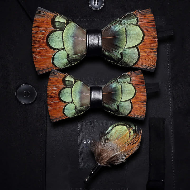 Lightgreen & Brown Feather Bow Tie