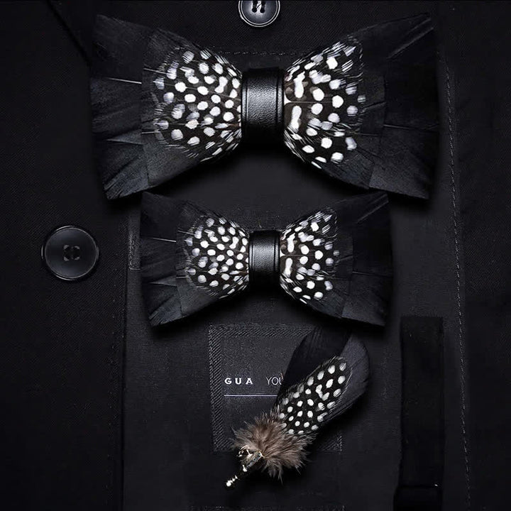 Black & White Dots Feather Bow Tie with Lapel Pin