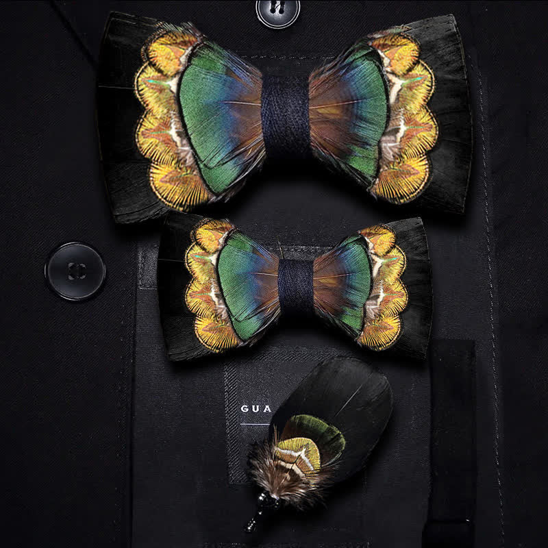 Black & Yellow-green Feather Bow Tie with Lapel Pin