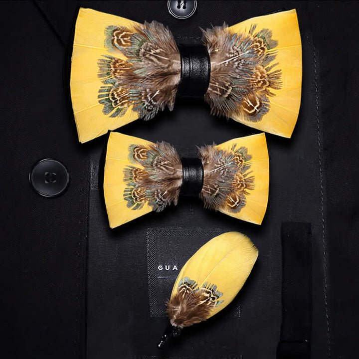 Yellow & Brown Pheasant Feather Bow Tie with Lapel Pin