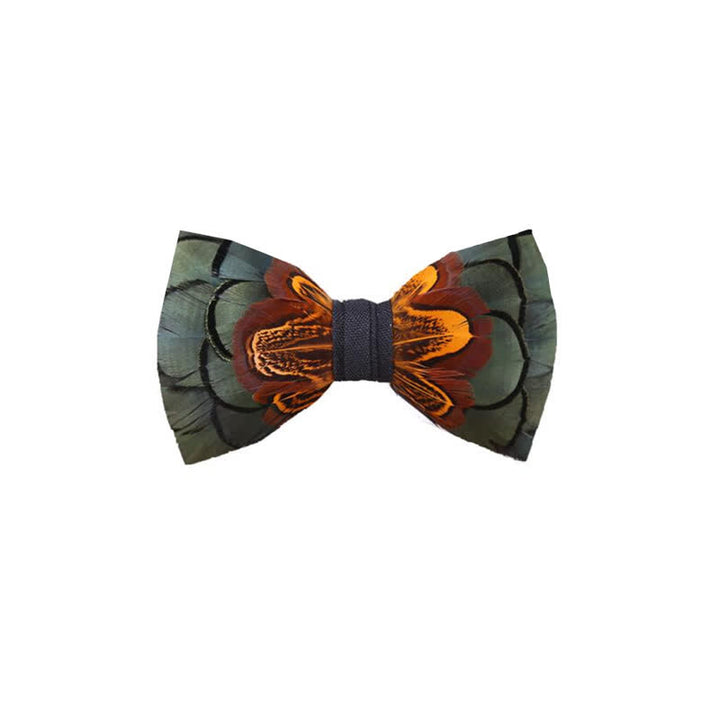 DarkSeaGreen & Rust Feather Bow Tie with Lapel Pin