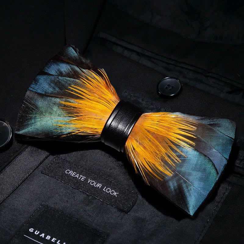 ForestGreen & Yellow Kingfisher Feather Bow Tie with Lapel Pin