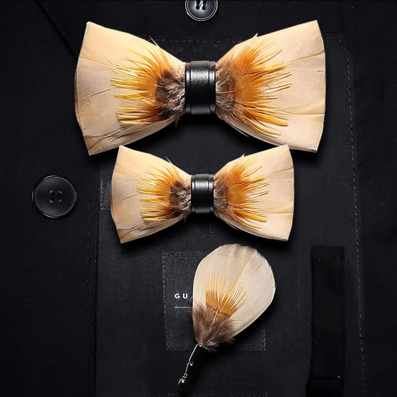 Light Yellow Quiet Feather Bow Tie with Lapel Pin