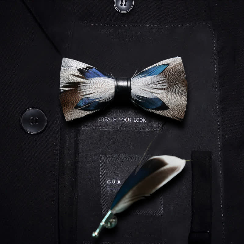 Brown & Blue Peacock Feather Bow Tie with Lapel Pin