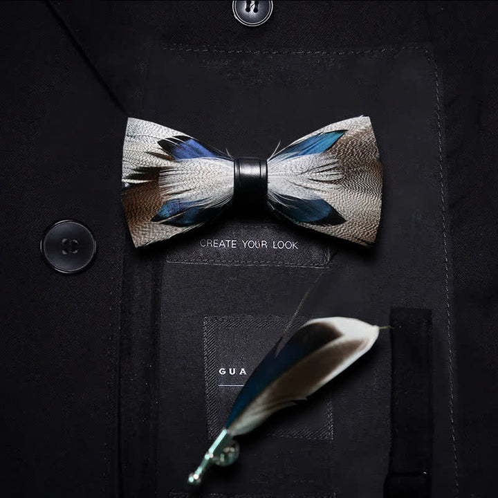 Brown & Blue Peacock Feather Bow Tie with Lapel Pin