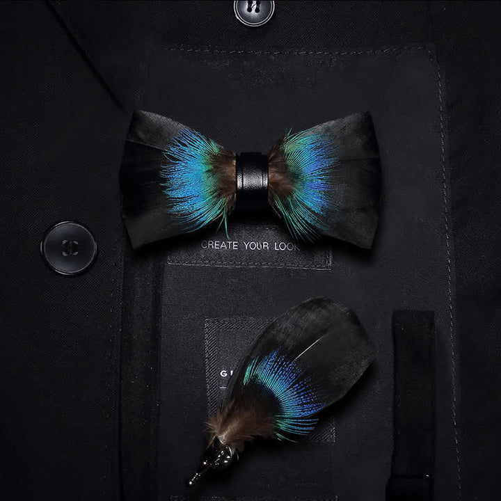 Black & Blue Versatile Feather Bow Tie with Lapel Pin