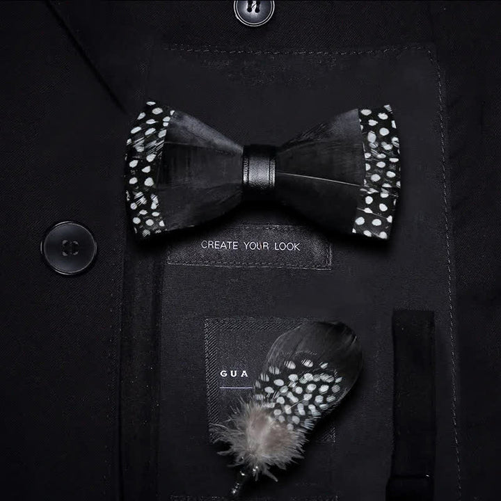 Black Polka-dotted Feather Bow Tie with Lapel Pin