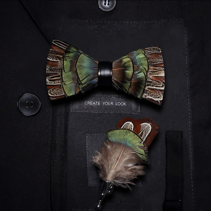 Brown & Green Forest Retro Feather Bow Tie with Lapel Pin