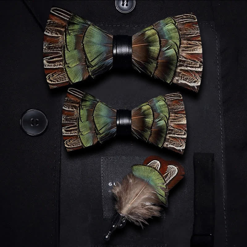 Brown & Green Forest Retro Feather Bow Tie with Lapel Pin