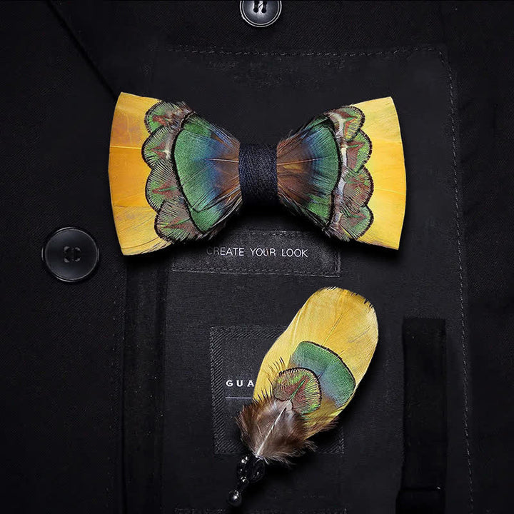 Bright Yellow & Green Peacock Feather Bow Tie with Lapel Pin