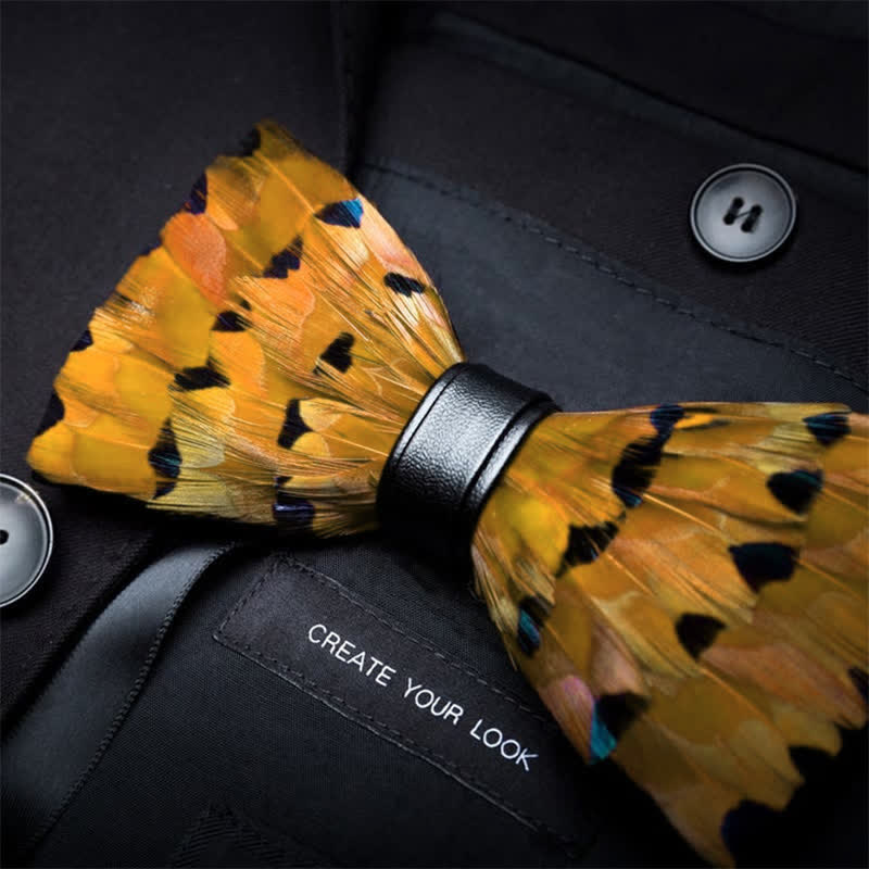 Yellow & Gold Finch Tail Feather Bow Tie with Lapel Pin