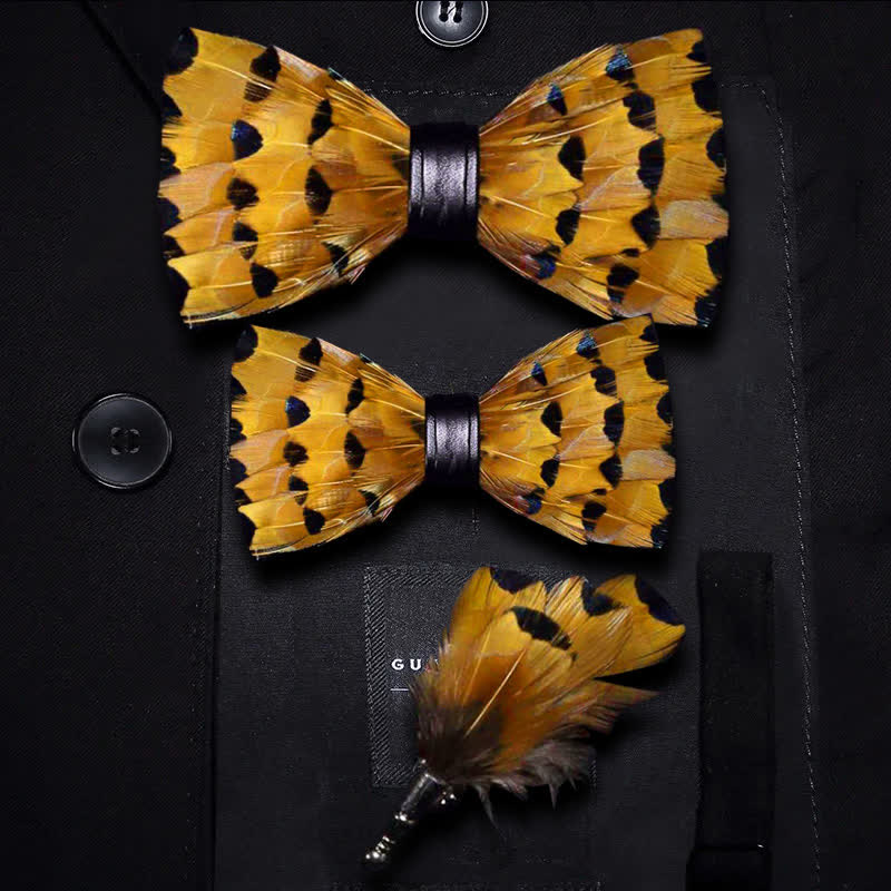 Yellow & Gold Finch Tail Feather Bow Tie with Lapel Pin