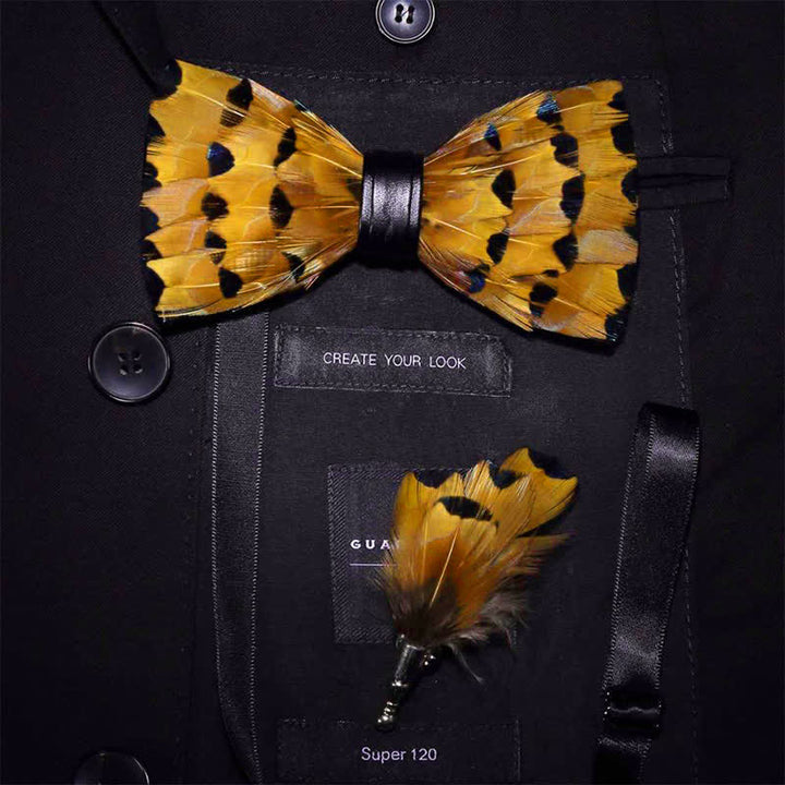 Yellow & Gold Finch Tail Feather Bow Tie with Lapel Pin