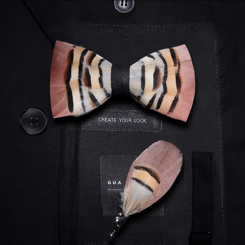 Brown & LightCoral Genius Chinchilla Feather Bow Tie with Lapel Pin