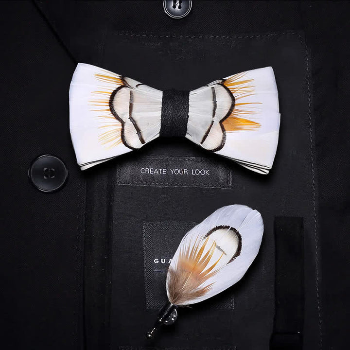 Beige Elegant Feather Bow Tie with Lapel Pin