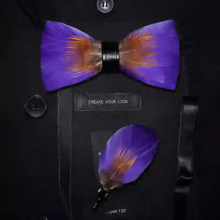 Purple & Orange Embellished Feather Bow Tie with Lapel Pin