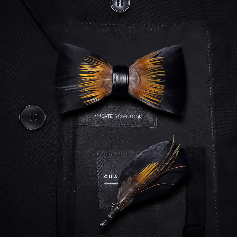 Orange & Black Sunflower Feather Bow Tie with Lapel Pin - Kid - image 6