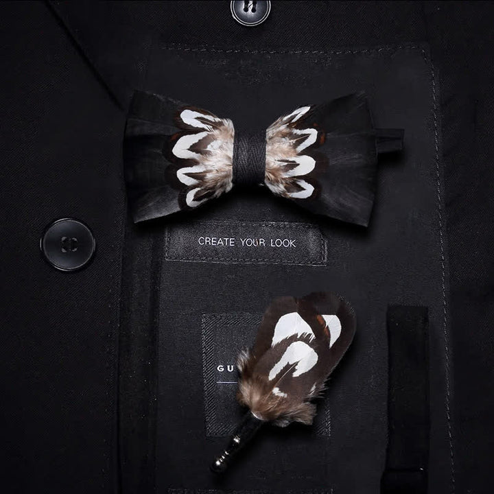 Black & White Pattern Feather Bow Tie with Lapel Pin