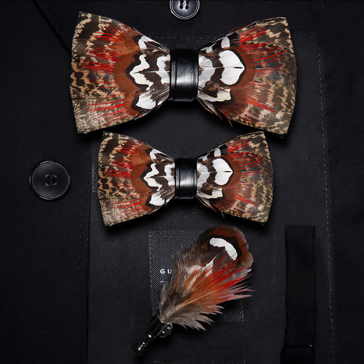 Brown & Red Feather Bow Tie with Lapel Pin