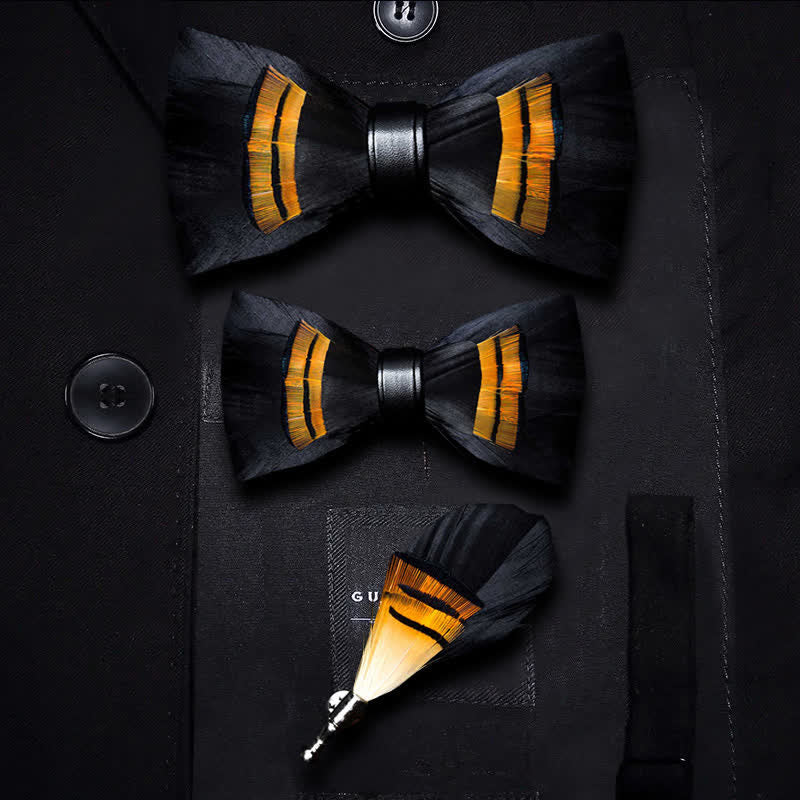 Black & Orange Midnight Feather Bow Tie with Lapel Pin