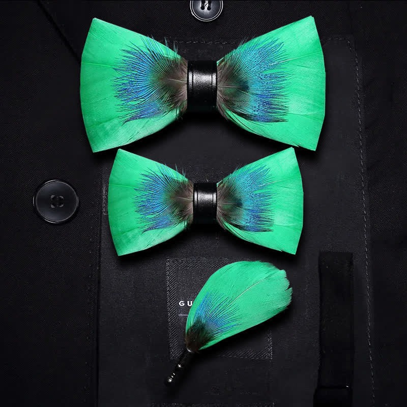 Blue & Green Novelty Feather Bow Tie with Lapel Pin