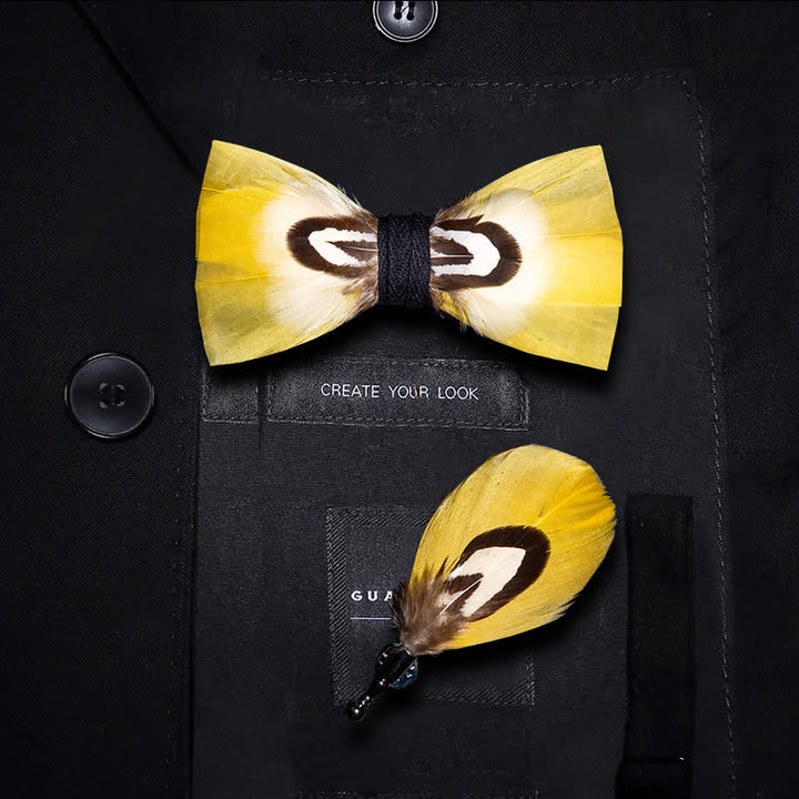 Yellow Parrot Feather Bow Tie with Lapel Pin