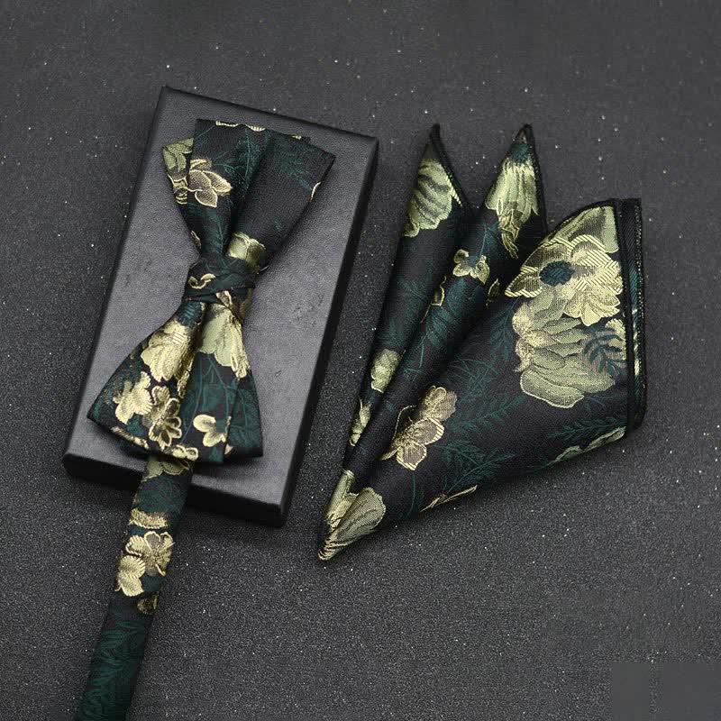 2Pcs Men's Elegant Floral Bow Tie Handkerchief Set