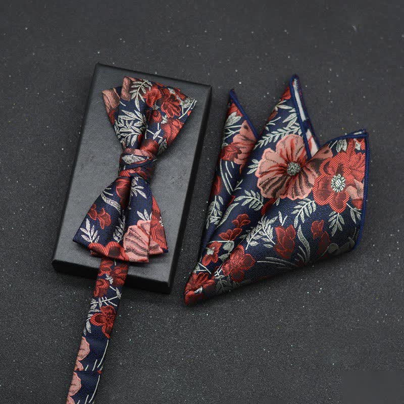 2Pcs Men's Elegant Floral Bow Tie Handkerchief Set