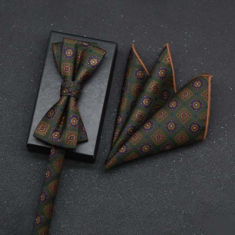 2Pcs Men's Elegant Floral Bow Tie Handkerchief Set