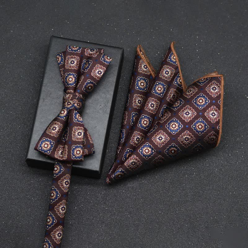 2Pcs Men's Elegant Floral Bow Tie Handkerchief Set