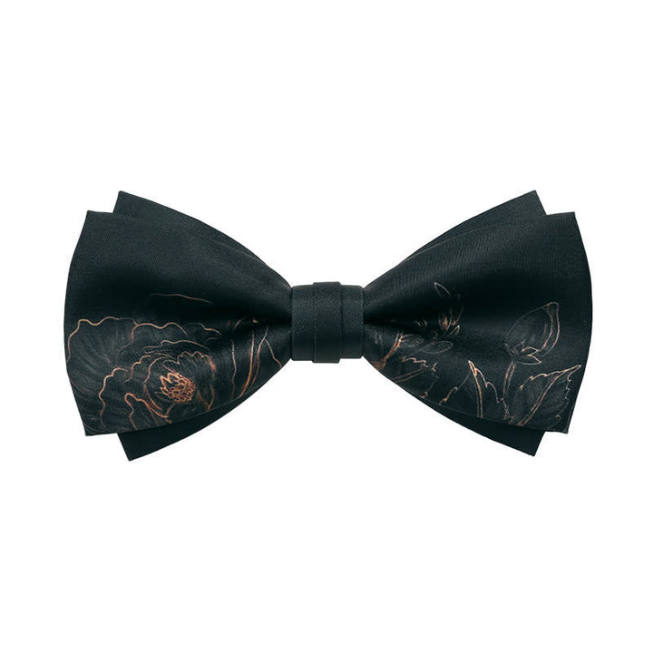 Men's Lotus Printing Black Double Layered Bow Tie