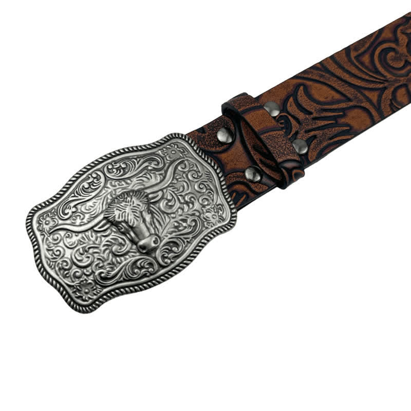 Boho Style Cow Head Western Embossed Leather Belt