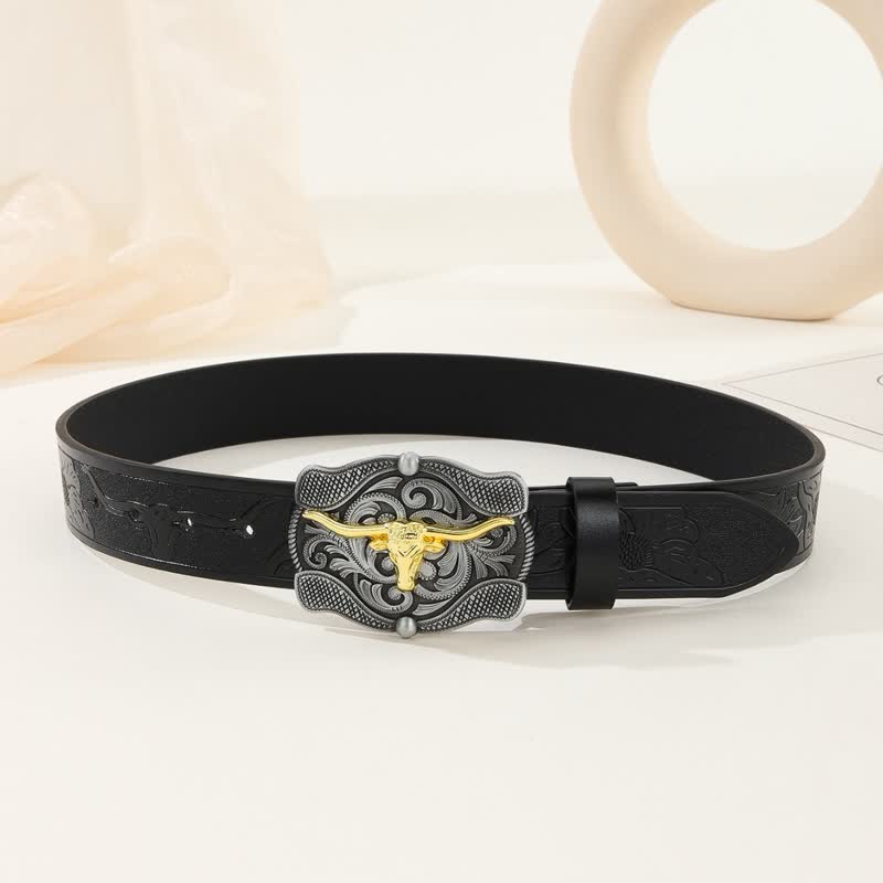 Men's Square Golden Longhorn Bull Leather Belt