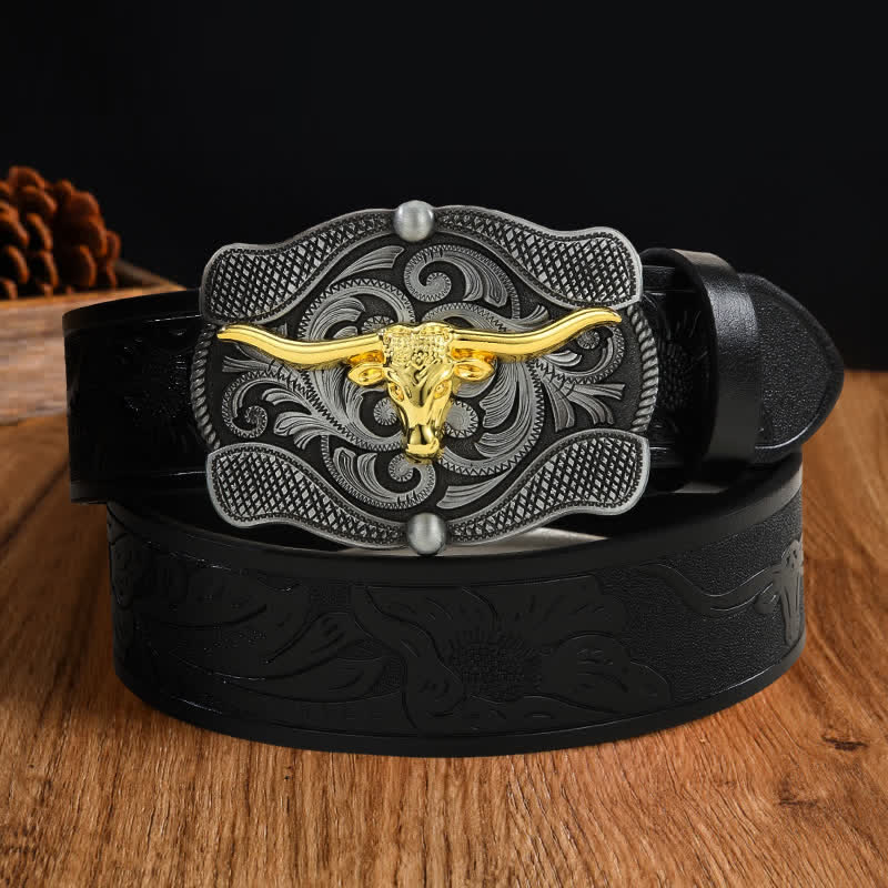 Men's Square Golden Longhorn Bull Leather Belt