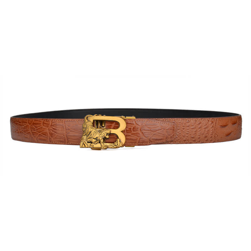 Mne's Tiger B-Shaped Crocodile Print Automatic Leather Belt