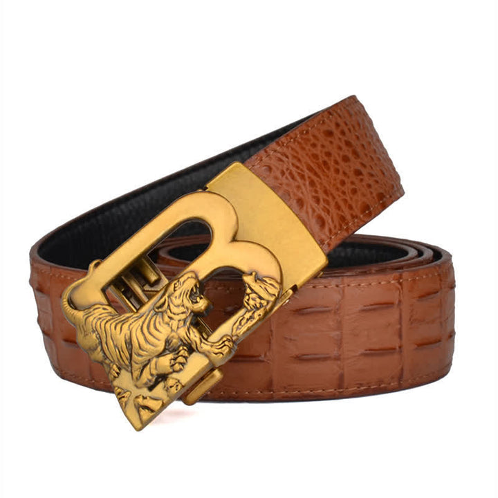 Mne's Tiger B-Shaped Crocodile Print Automatic Leather Belt