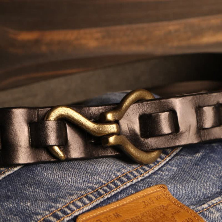 Men's Heavy Duty Retro Hook Buckle Cavalry Leather Belt - Black - 46 - image 7