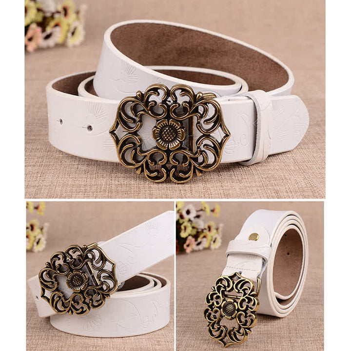 Women's Hollow Sunflower Retro Embossed Leather Belt