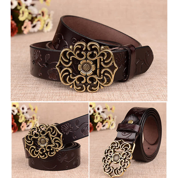 Women's Hollow Sunflower Retro Embossed Leather Belt