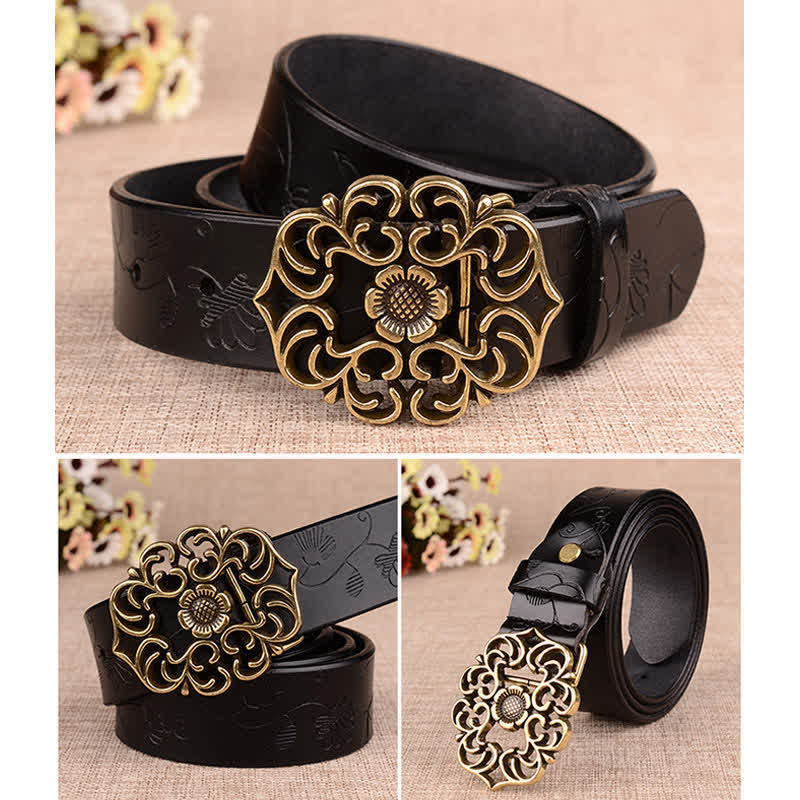 Women's Hollow Sunflower Retro Embossed Leather Belt