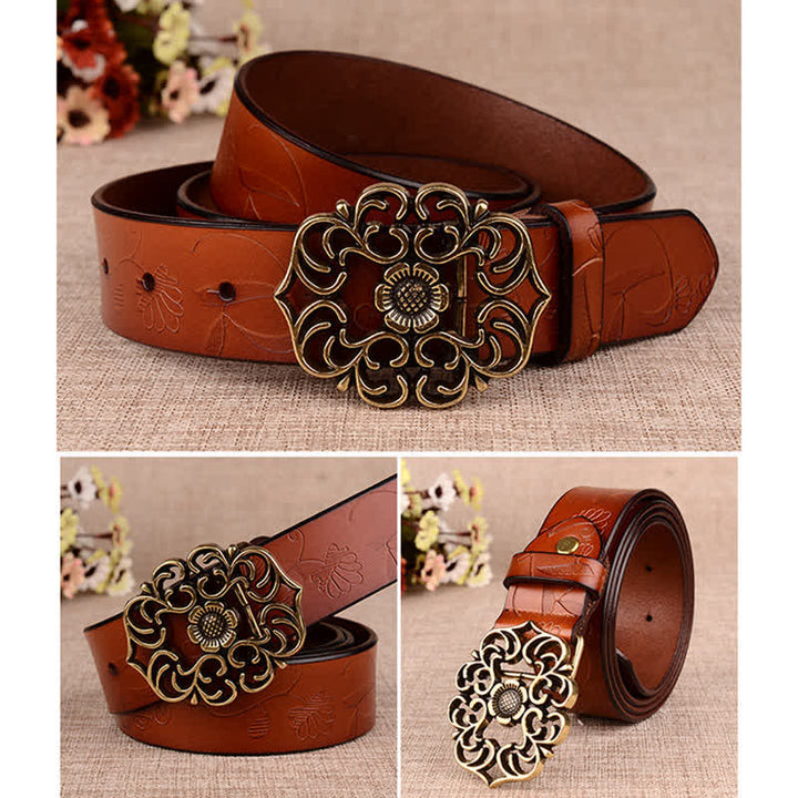 Women's Hollow Sunflower Retro Embossed Leather Belt