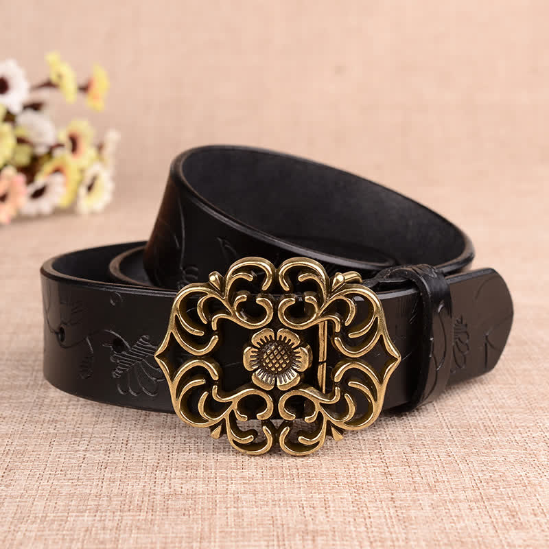 Women's Hollow Sunflower Retro Embossed Leather Belt