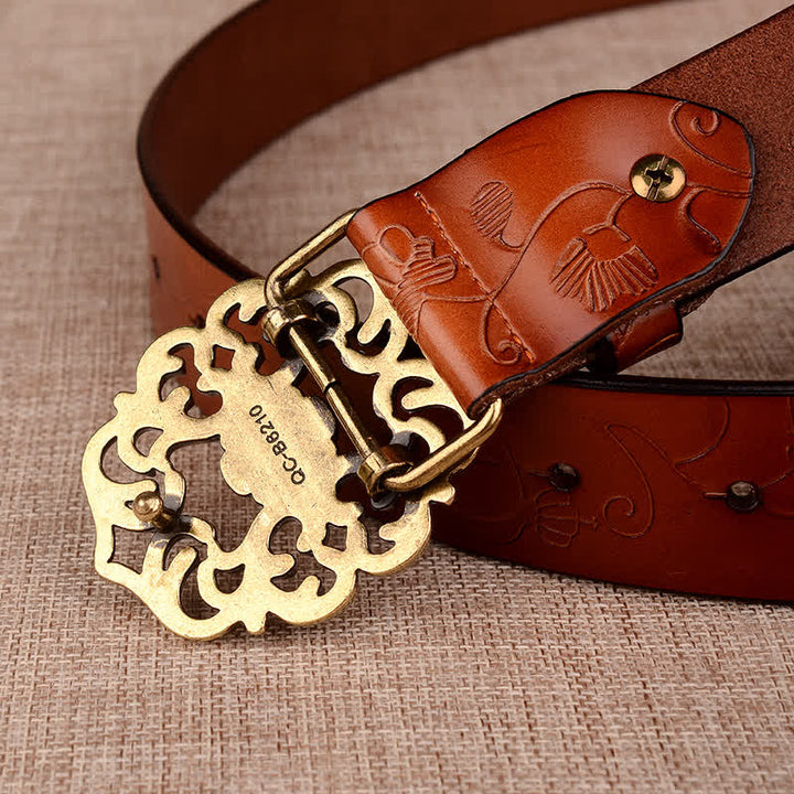 Women's Hollow Sunflower Retro Embossed Leather Belt