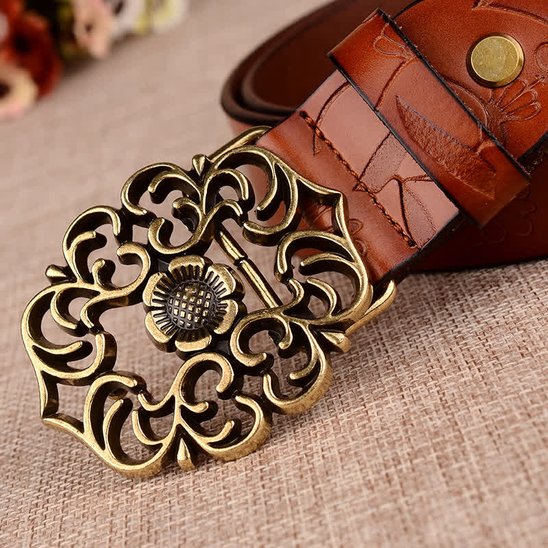 Women's Hollow Sunflower Retro Embossed Leather Belt