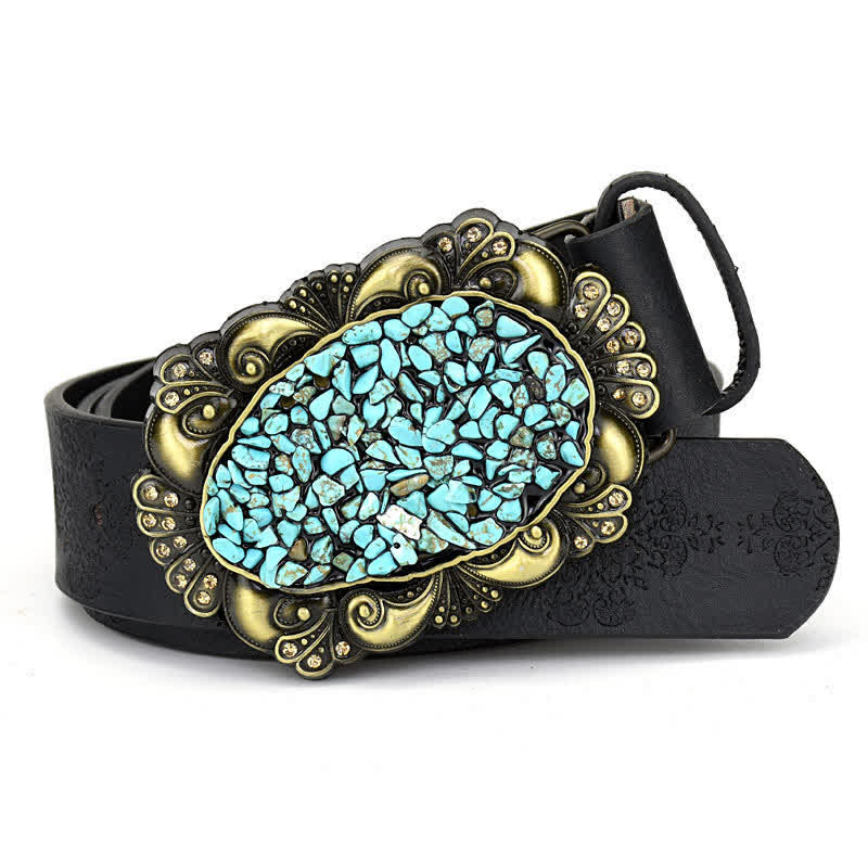 Women's Decorative Inlaid Color Stone Turquoise Leather Belt