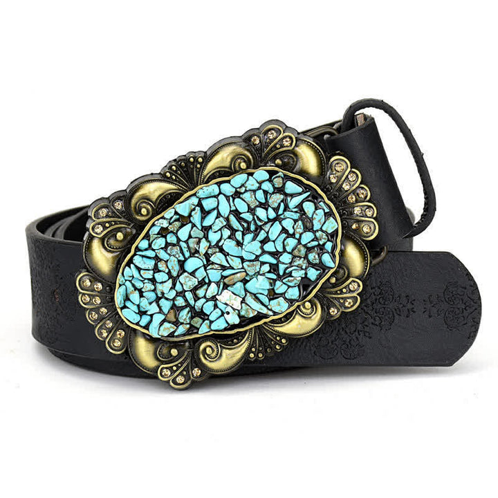 Women's Decorative Inlaid Color Stone Turquoise Leather Belt