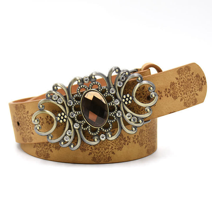 Women's Artificial Crystal Hollow Flower Buckle Leather Belt