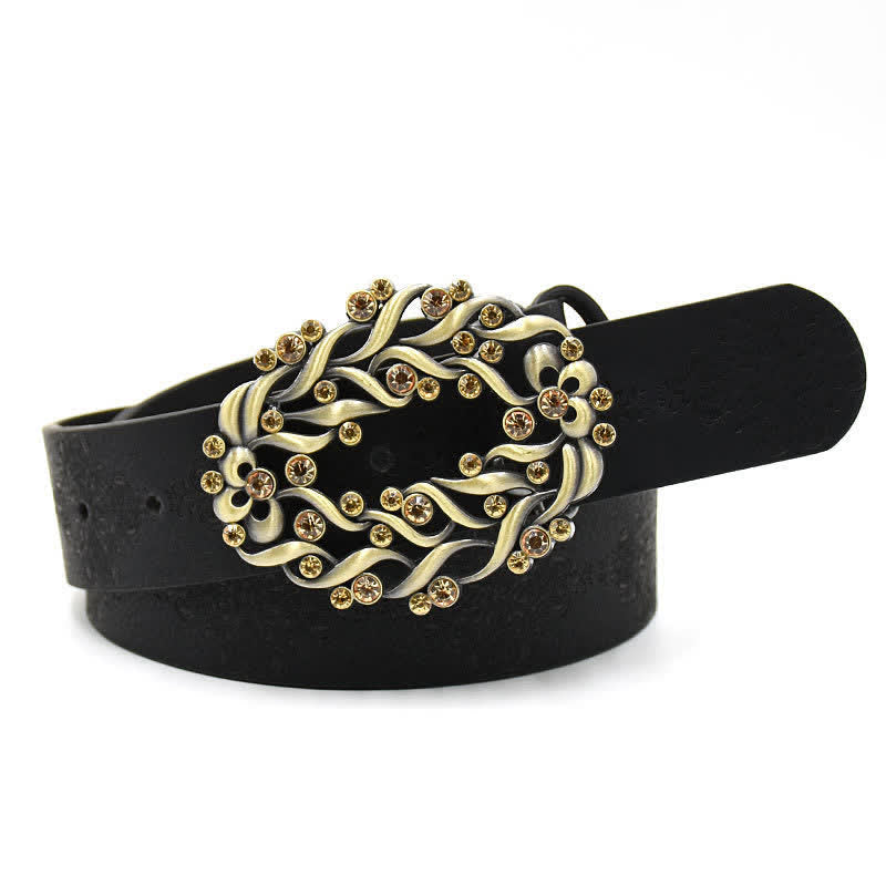 Women's Artificial Crystal Hollow Flower Buckle Leather Belt