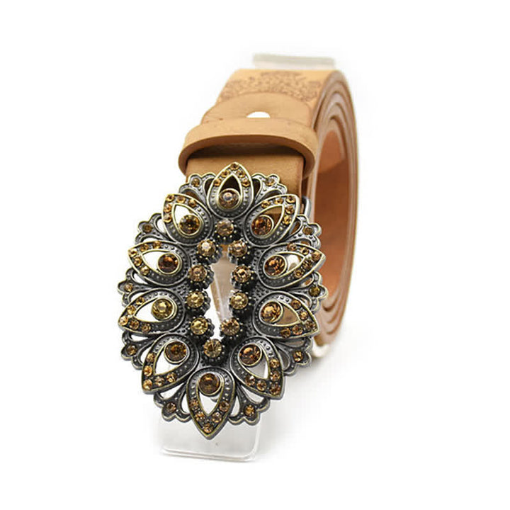 Women's Artificial Crystal Hollow Flower Buckle Leather Belt