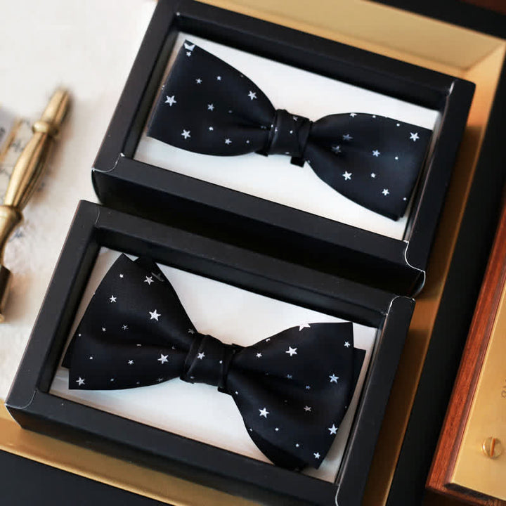 Men's White Stars Double Layered Black Bow Tie